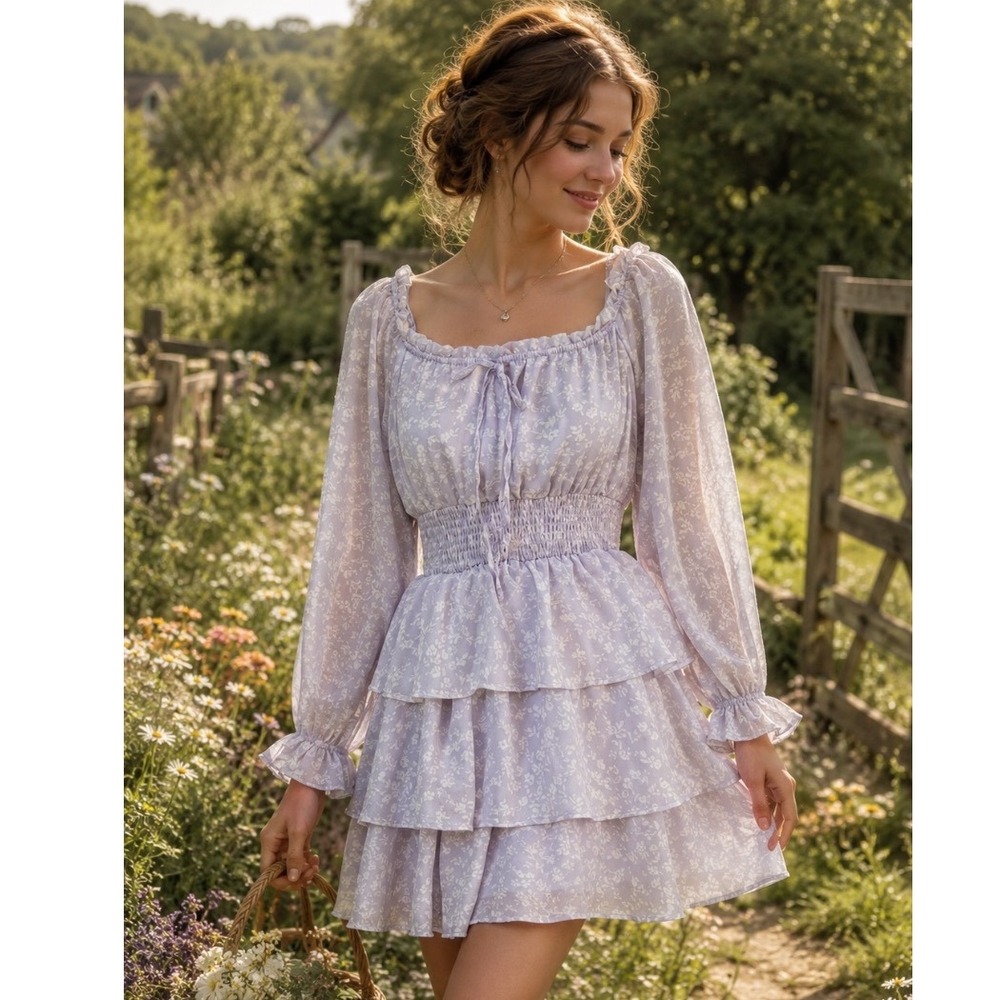 Justify dress purple ‎ Floral  Ruffle Mini Smocked Waist Cottagecore prairie